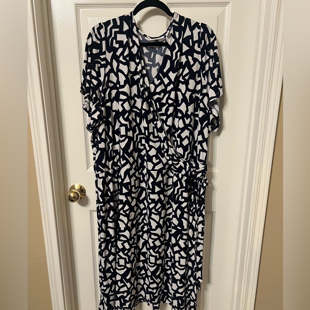 Susan Graver Regular Liquid Knit Faux Wrap Dress Navy Geo
